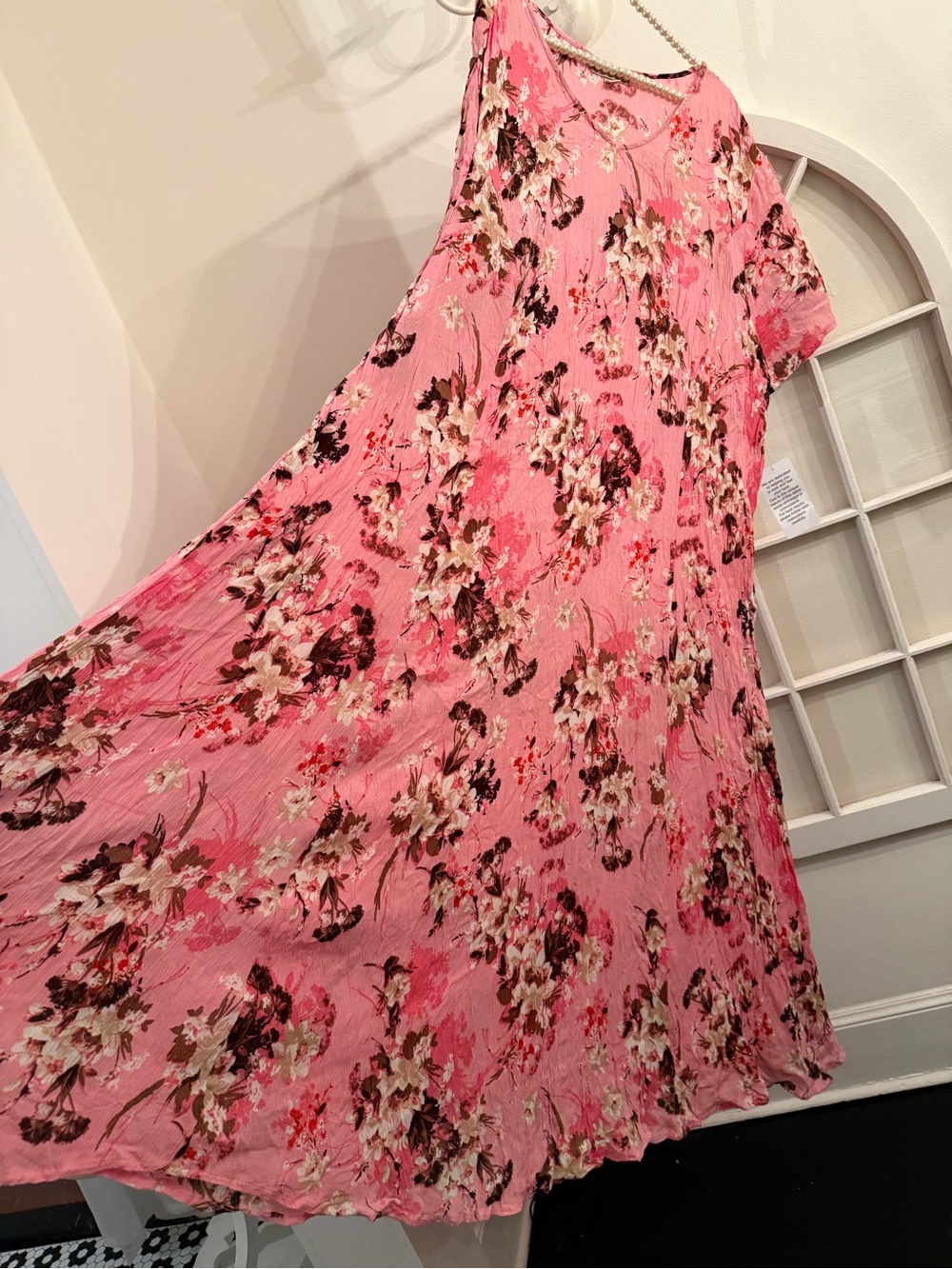 NWT Woman Within 2X Pink Floral Crinkle Rayon Maxi Dress Short Sleeve Bohemian